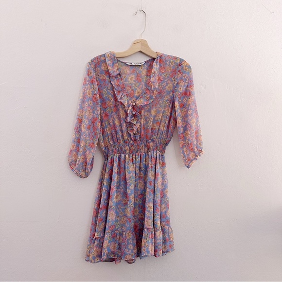 Zara Floral Mini Dress Metallic Thread Spring Summer Ruffle - Picture 2 of 6